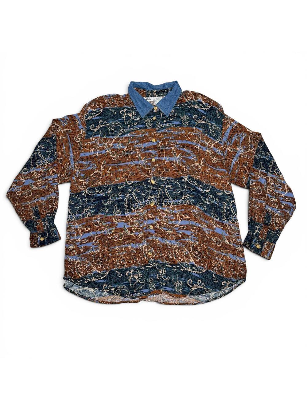Vintage Rayon Patterned Button Down with Cotton Denim Collar